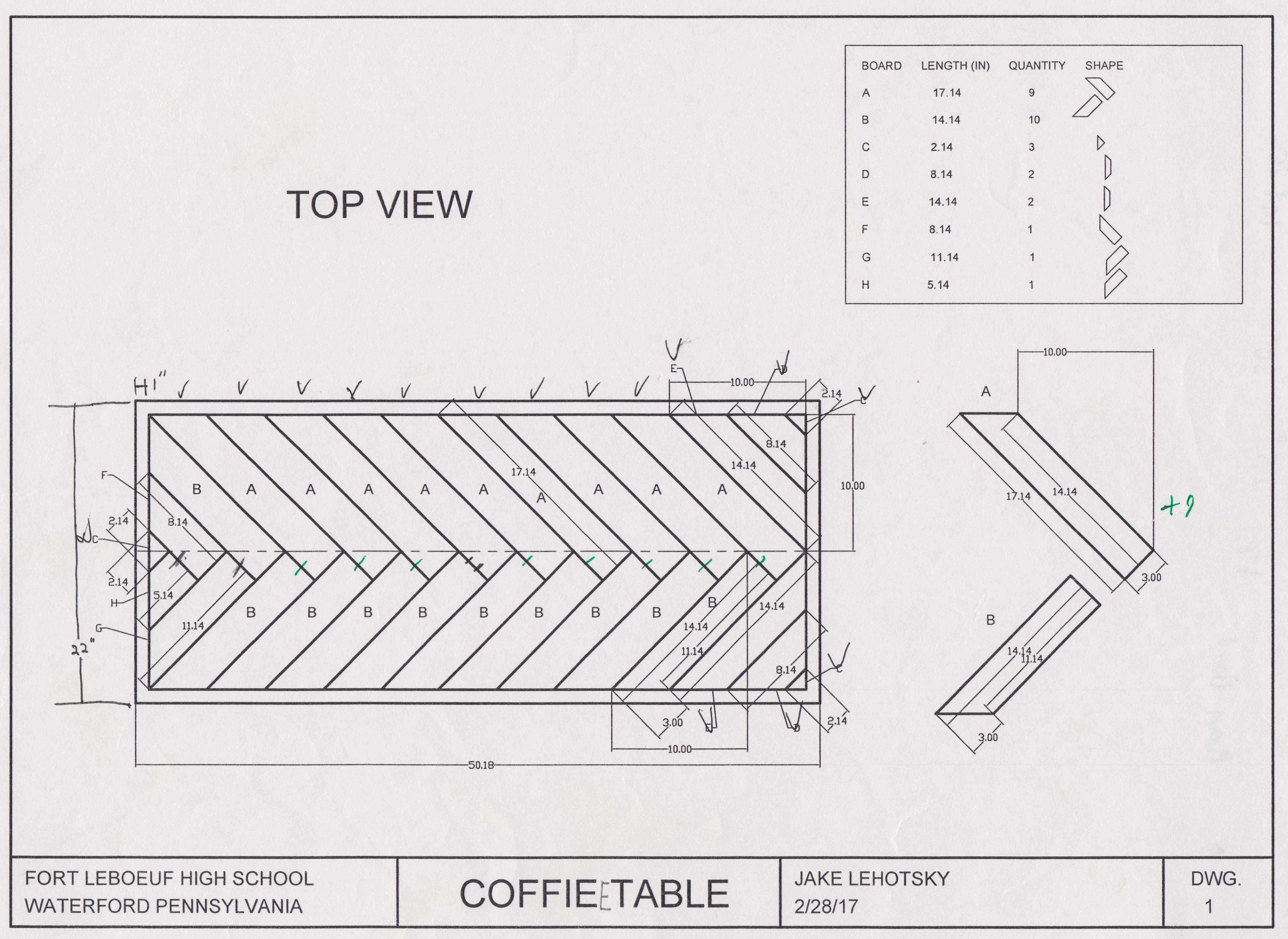 AutoCAD drawing of the coffee table top made to aid in the assembly process.