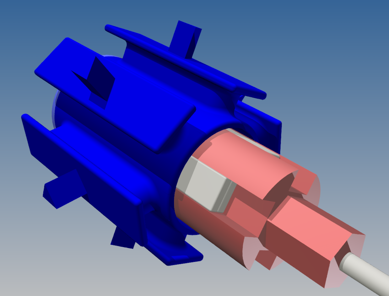 Exploded CAD model of the stator (Blue), rotor (Red), bar magnets (Silver) and shaft (Gray)