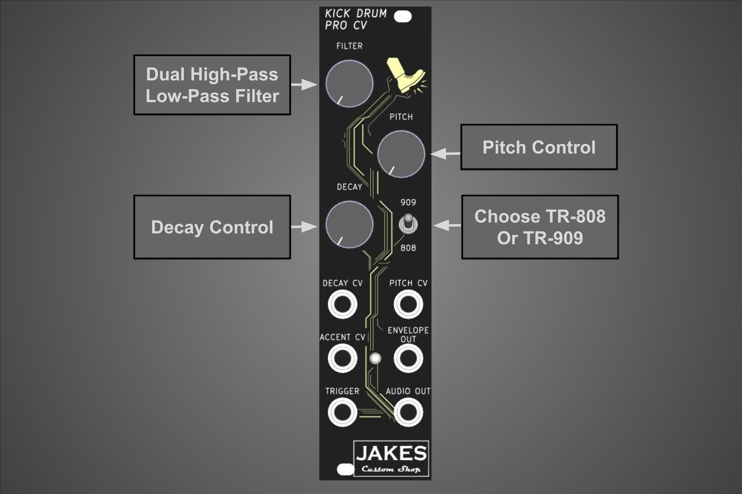 Front panel layout of the JCS Kick Drum Eurorack Module