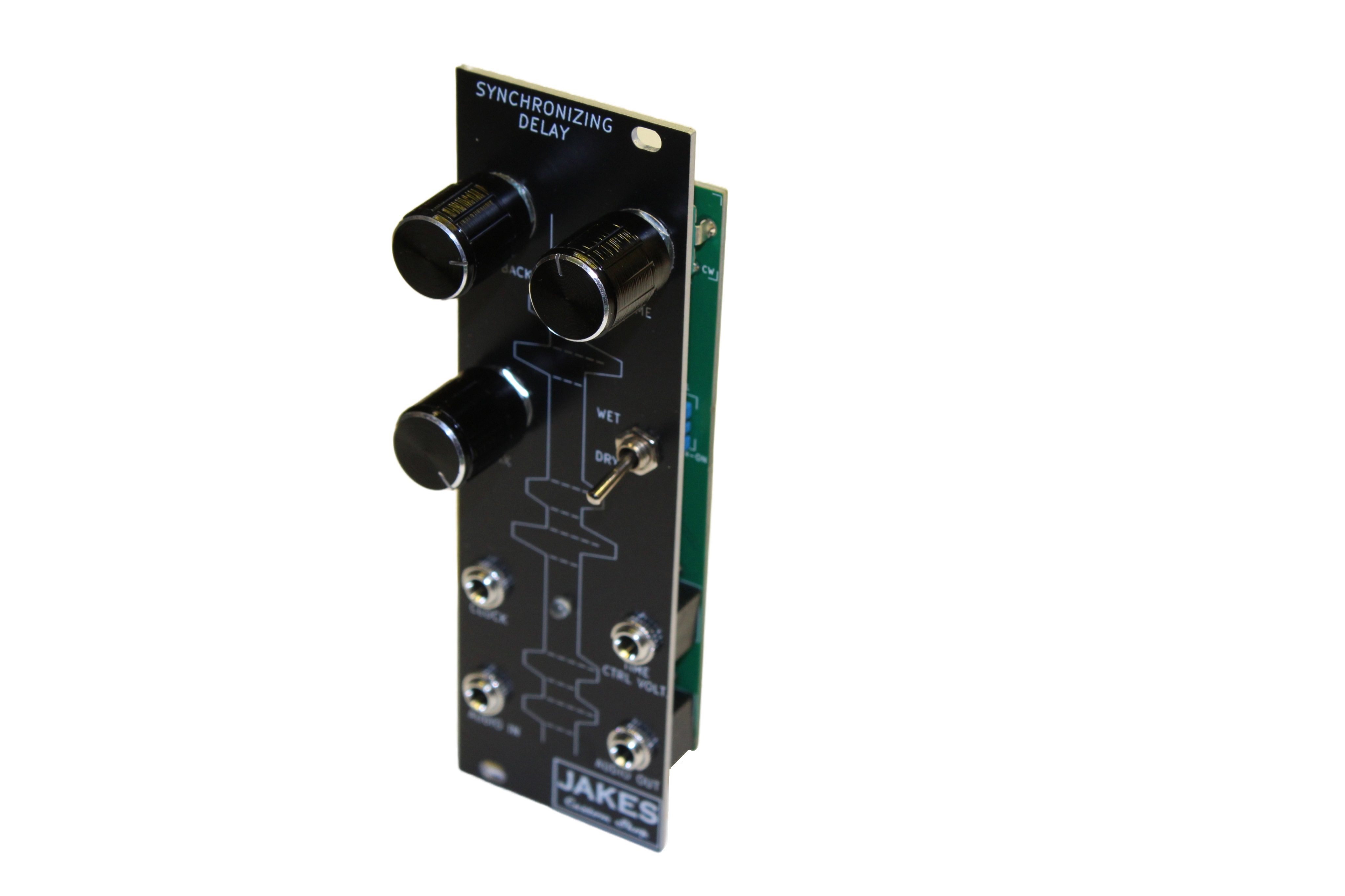 Front panel layout of the Syncronizing Delay Eurorack Module